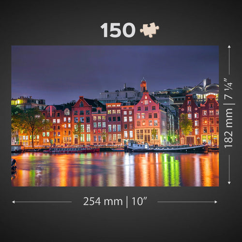 Wooden Jigsaw Puzzle Amsterdam by Night 150 pieces| Tranquil Evening Cityscape Puzzle