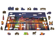 Wooden Jigsaw Puzzle Amsterdam by Night 300 pieces Wooden Puzzles with Double-Sided Figures Number of parts: 300, contains 59 parts with unique shapes Solving time: 200 minutes Assembled size: 375×254 mm Age limit: 10+ Perfect for a Gift  Attested and certified: CE, EN-71, ASTM D-4236 Made of 100% child-safe materials Produced in Poland MyPuzzleKits.com