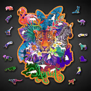 300 Piece Wooden Puzzle Jungle Wildlife - Unique Unusual Jigsaw Puzzles With Animal Shaped Pieces - Challenging Mosaic Puzzle for Kids & Adults - Amazing Jigsaw Puzzles